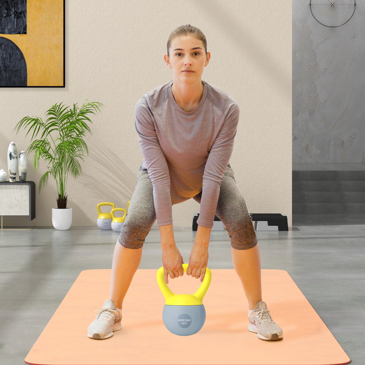 SPORTNOW Soft Kettlebell, 4kg Kettle Bell with Non-Slip Handle for Home Gym Weight Lifting and Strength Training, Yellow and Grey-1