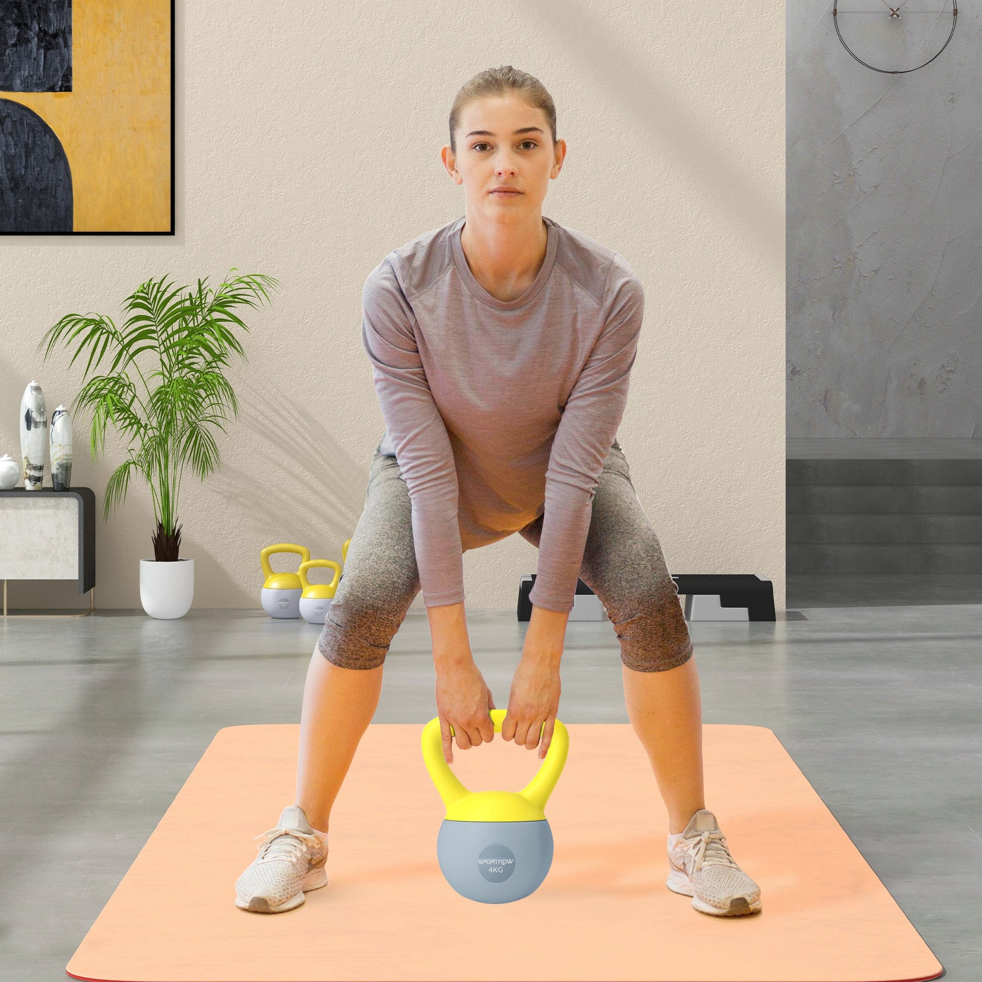 SPORTNOW Soft Kettlebell, 4kg Kettle Bell with Non-Slip Handle for Home Gym Weight Lifting and Strength Training, Yellow and Grey-1